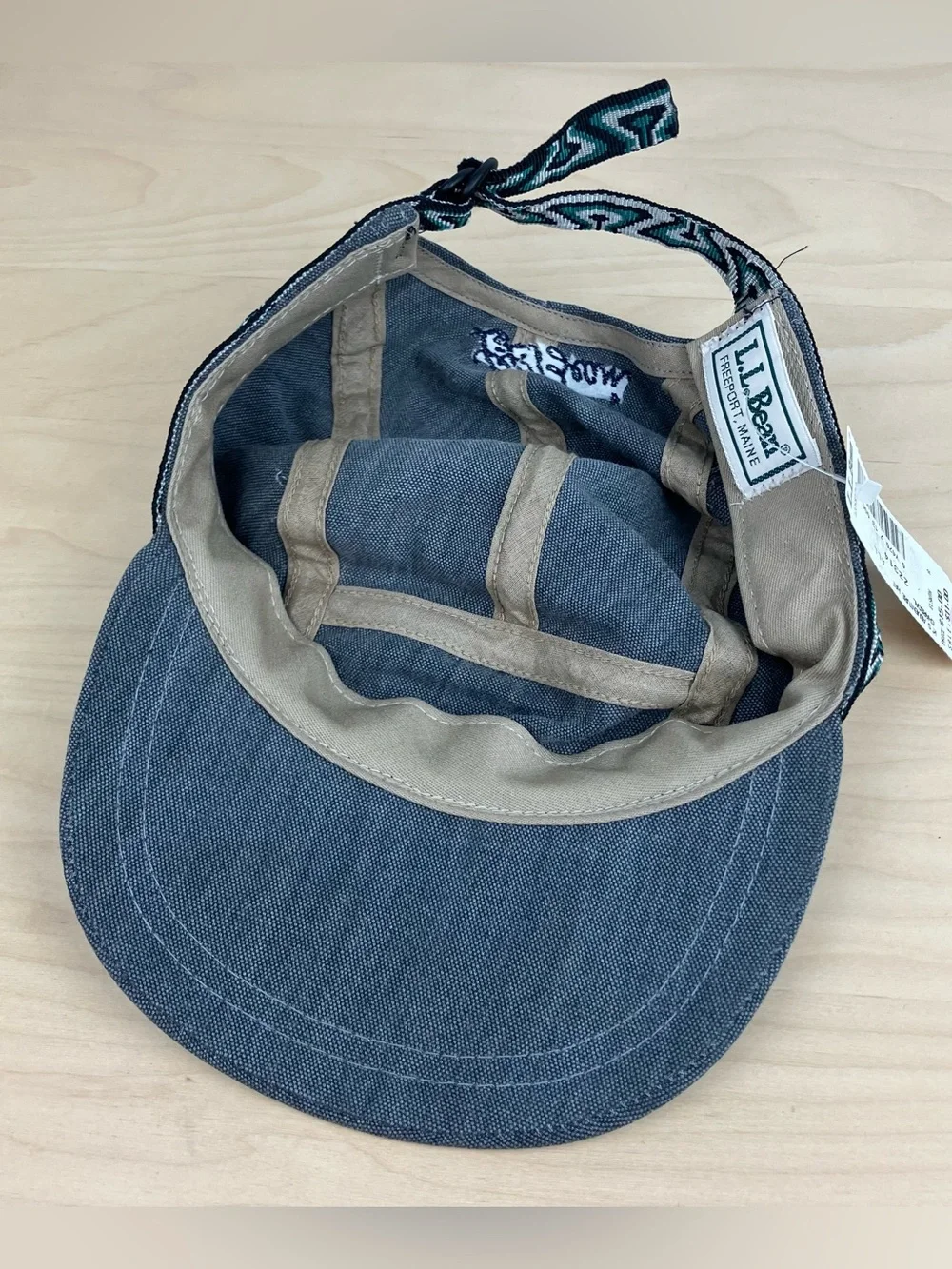 Vintage L.L. Bean 5 Panel Adventure Strapback Hat Script Logo Gray Aztec NOS.